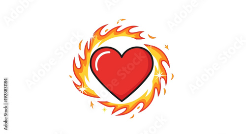 Fiery Heart Icon with Flames and Sparkles, Symbolizing Passion and Intense Emotion