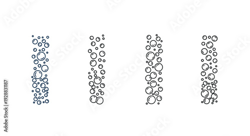 Set of four vertical columns of rising water bubbles in different styles from simple outlines to shaded blue circles.
