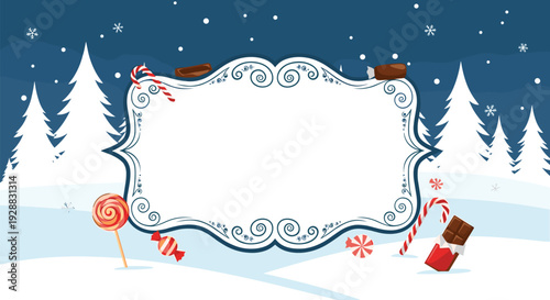Festive winter frame with a blank white scroll surrounded by snow covered trees, candy canes, and chocolate sweets.
