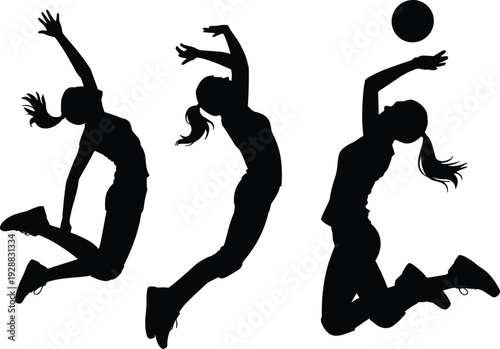 Female volleyball player silhouettes jumping to spike and serve ball, professional sports action poses, athletic women competition, team game training.