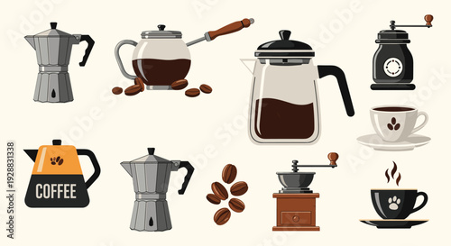 Comprehensive collection of coffee brewing tools including moka pots, french press, grinders, beans, and cups on cream.