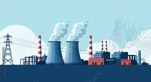 Modern vector illustration of a nuclear power plant with large cooling towers and smoking chimneys under a clear blue sky.