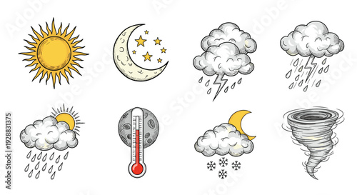 Hand drawn style weather icon collection including sun, moon, clouds, rain, snow, lightning, thermometer, and tornado.