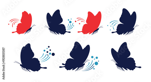 Decorative butterfly set featuring silhouettes of flying insects in red and dark blue with stylized motion trails and dots.
