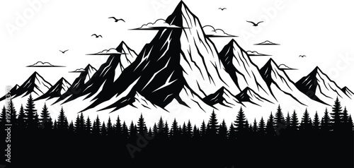 Mountain landscape vector illustration, forest trees design, birds clouds graphic, black white bold style, wilderness nature art, scenic emblem