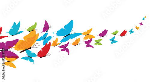 Dynamic wave of colorful butterflies in different sizes and shades flying across a plain white background for airy effect.