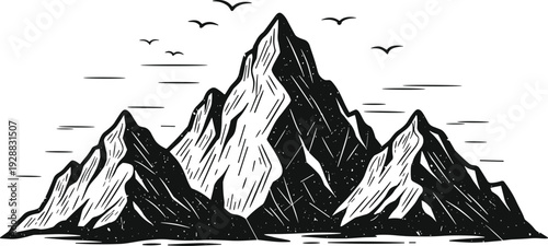Mountain range silhouette vector illustration, rugged peak drawings, black and white line art, outdoor nature design, scenic landscape artwork