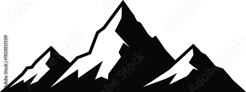 Mountain range silhouette, rugged peaks with snow highlights, outdoor adventure symbol, nature landscape vector illustration, geographic terrain design element