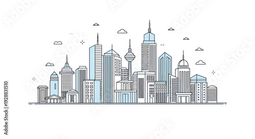 Detailed line art illustration of modern city skyline with tall skyscrapers buildings clouds and small decorative stars.