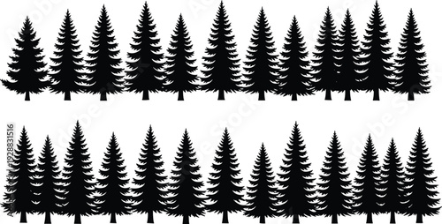 Minimalist pine tree silhouettes in two rows, black forest pattern design, symmetrical nature vector illustration, evergreen woodland icon