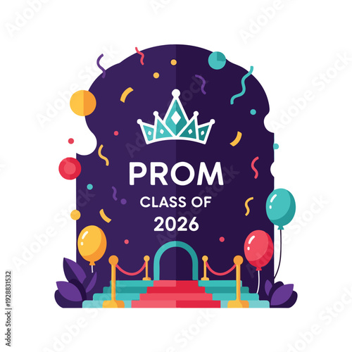 A colorful prom design featuring a crown, text, balloons, and an entrance