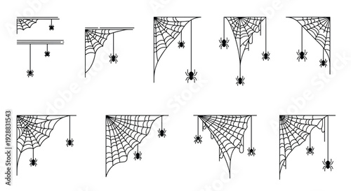 Various spider web corner and edge silhouettes with small hanging spiders for creating spooky or halloween themed art.