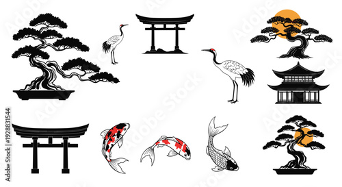 Traditional japanese and zen icons including bonsai trees cranes torii gates pagoda and koi fish for eastern aesthetics.