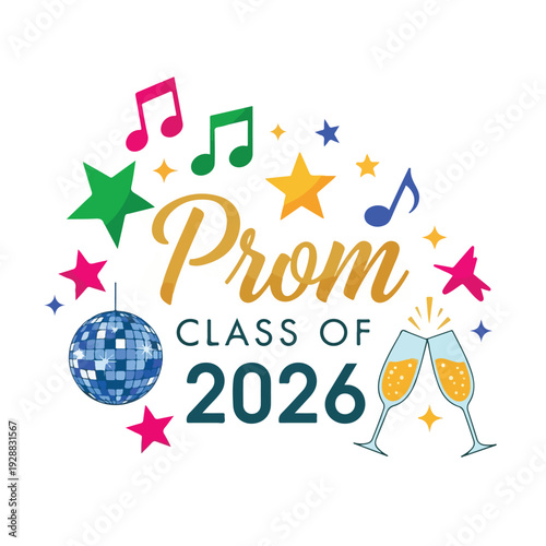 A colorful prom design featuring stars, music notes, a disco ball, and glasses