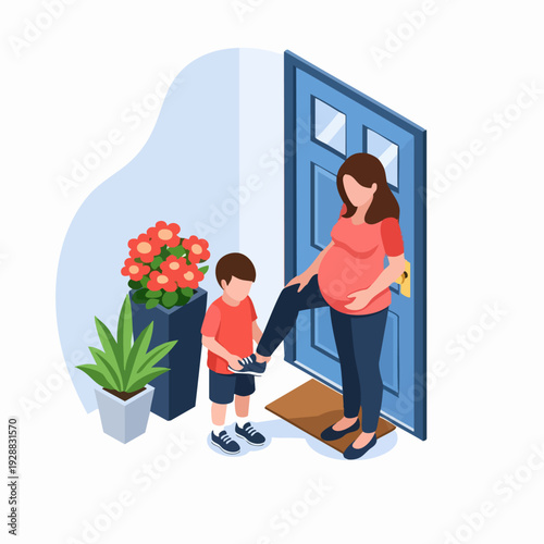 Pregnant Mother With Child At House Doorstep.