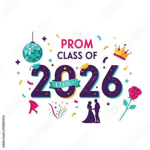 A colorful prom design featuring the year, a disco ball, and couple silhouette