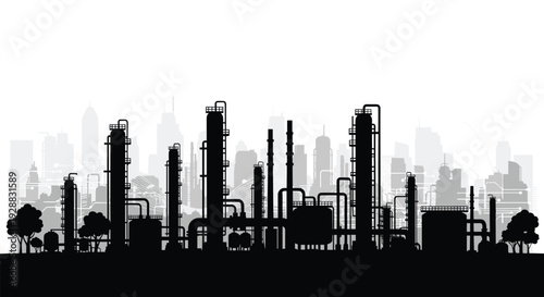 Silhouette of industrial refinery plant with tall chimneys and pipes set against a faint grey city skyline background.