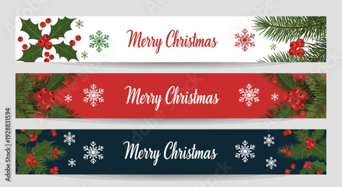 Set of three horizontal christmas banners with merry christmas text pine branches holly leaves and red berry accents.