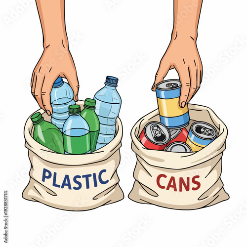 Recycling Plastic Bottles And Cans In Bins.