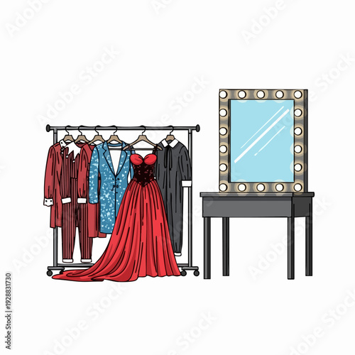 Red evening gown on display beside dressing mirror.