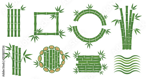 Collection of green bamboo frames and geometric arrangements featuring stalks and leaves for natural asian themed decor.