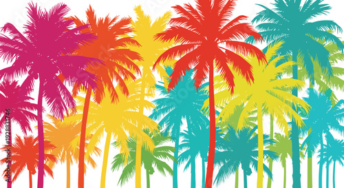 Pattern of vibrant tropical palm tree silhouettes in various colors like pink orange yellow and blue on white background.
