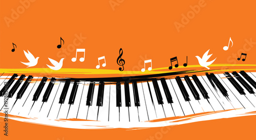 Stylized piano keyboard illustration on orange background with musical notes and white bird silhouettes flying above.