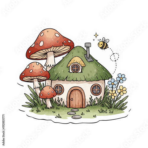 Charming Mushroom House with Flowers and a Bee in a Whimsical Fantasy Setting