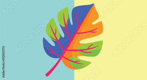 A colorful stylized illustration of a leaf against two-tone background