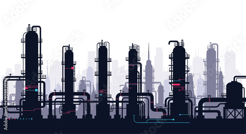 Industrial refinery towers silhouettes with futuristic cyan and magenta technological lines over city skyline backdrop.
