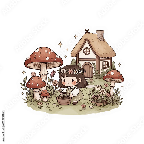 Whimsical illustration of a sweet girl gardening with flowers, giant mushrooms, and a cozy cottage, depicting a charming and serene nature scene