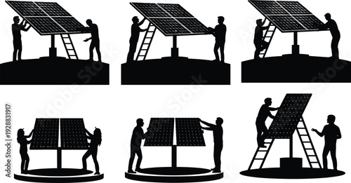Professional silhouettes of workers installing solar panels on poles with ladders, renewable energy maintenance, green technology, sustainable power generation, solar electricity.