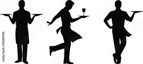 Professional waiter silhouettes carrying serving trays and wine glasses, restaurant hospitality service icons, catering staff, elegant dining servers, bistro employee.