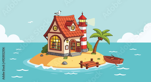 A cozy lighthouse and house on a small island, with a boat