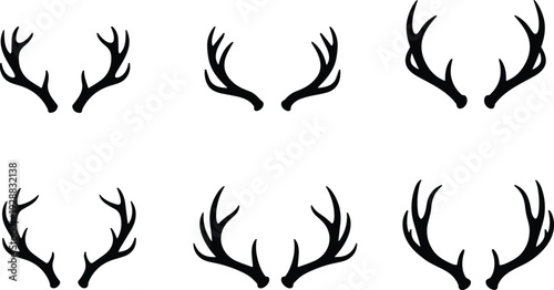 Six pairs of stylized antler silhouettes arranged in rows, unique branching patterns, decorative wildlife illustration for design, art, and hunting themes