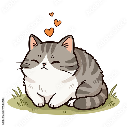 Cute cartoon tabby cat illustration, blissfully resting on green grass with floating hearts, symbolizing warmth, affection, and happiness in a sweet, endearing style