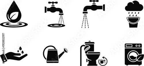 Sustainable Water Management Icons for Ecology Conservation and Natural Resource Protection Strategy.