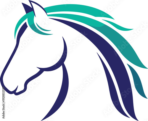 Stylized horse head in profile view with flowing teal and dark blue mane, vector illustration for logo, emblem, equestrian design themes