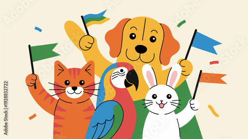 Cheerful animals celebrate with flags and confetti together