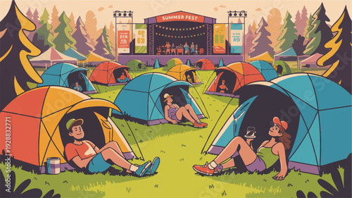 Camping friends relax in colorful tents at outdoor music festival with stage and trees in background