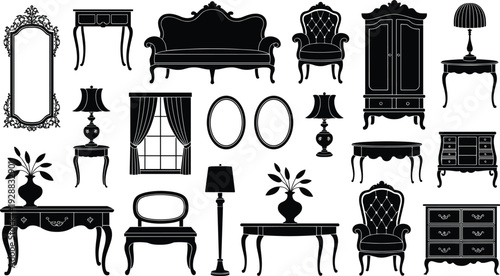 Vintage luxury furniture silhouettes collection, classic Victorian interior design elements, antique sofa, ornate mirror, elegant tables, home decor, baroque style icons.