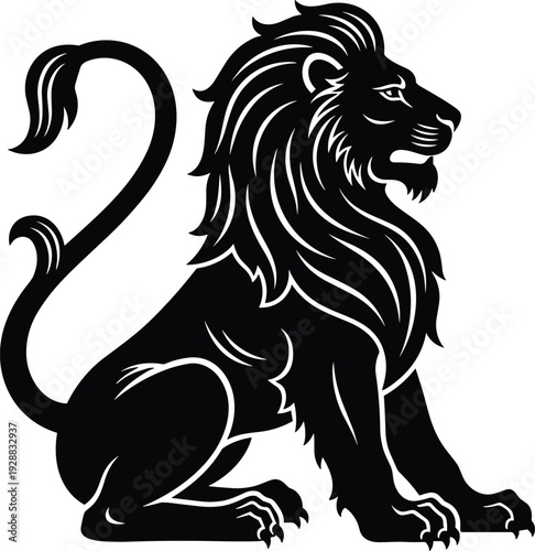 Stylized lion silhouette seated with flowing mane, heraldic emblem design, majestic animal illustration, wildlife icon, vector art element