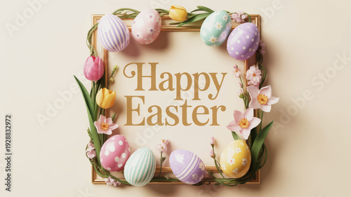 Easter decoration with colorful eggs and flowers in a square frame on beige background happy easter text festive holiday design element