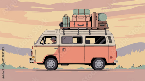 Vintage van with luggage on top driving through desert landscape at sunset with two travelers