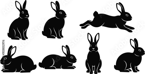 Rabbit silhouettes in multiple natural poses, wildlife animal vector illustration showing sitting, crouching, leaping and standing behaviors for design concepts