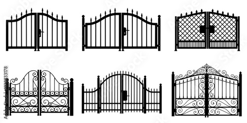 Set of 6 wrought iron gate silhouettes vector isolated on Transparent Background