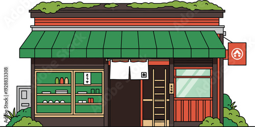  Traditional Japanese store front with green awning and mossy roof, small local shop exterior with display windows and noren curtain, vector illustration.