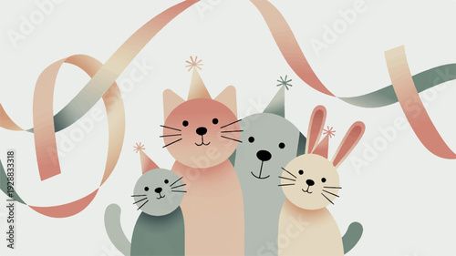 Pastel colored cat dog rabbit and kitten wearing party hats with ribbons on white background festive scene