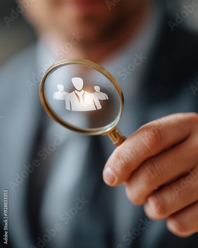 Focus on the Right People: A close-up shot of a person in a formal suit uses a magnifying glass, focusing on a group of person icons, signifying the act of searching for the ideal employee. 