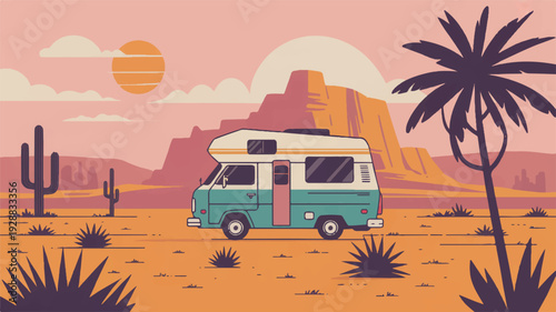 Vintage camper van driving through arid desert landscape with rocky mountains cacti and palm trees under a pastel pink sky